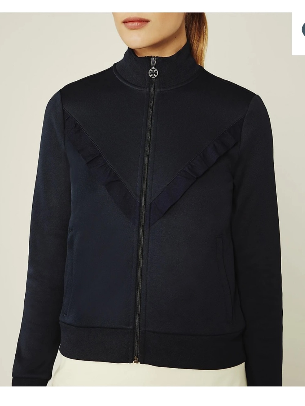 Tory Burch Sport Ruffle Track Jacket Navy S/P Tech Performance Zip Golf Tennis